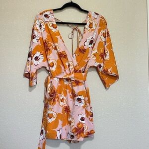 Hello Molly Pink and Orange Floral Romper Wrap Dress